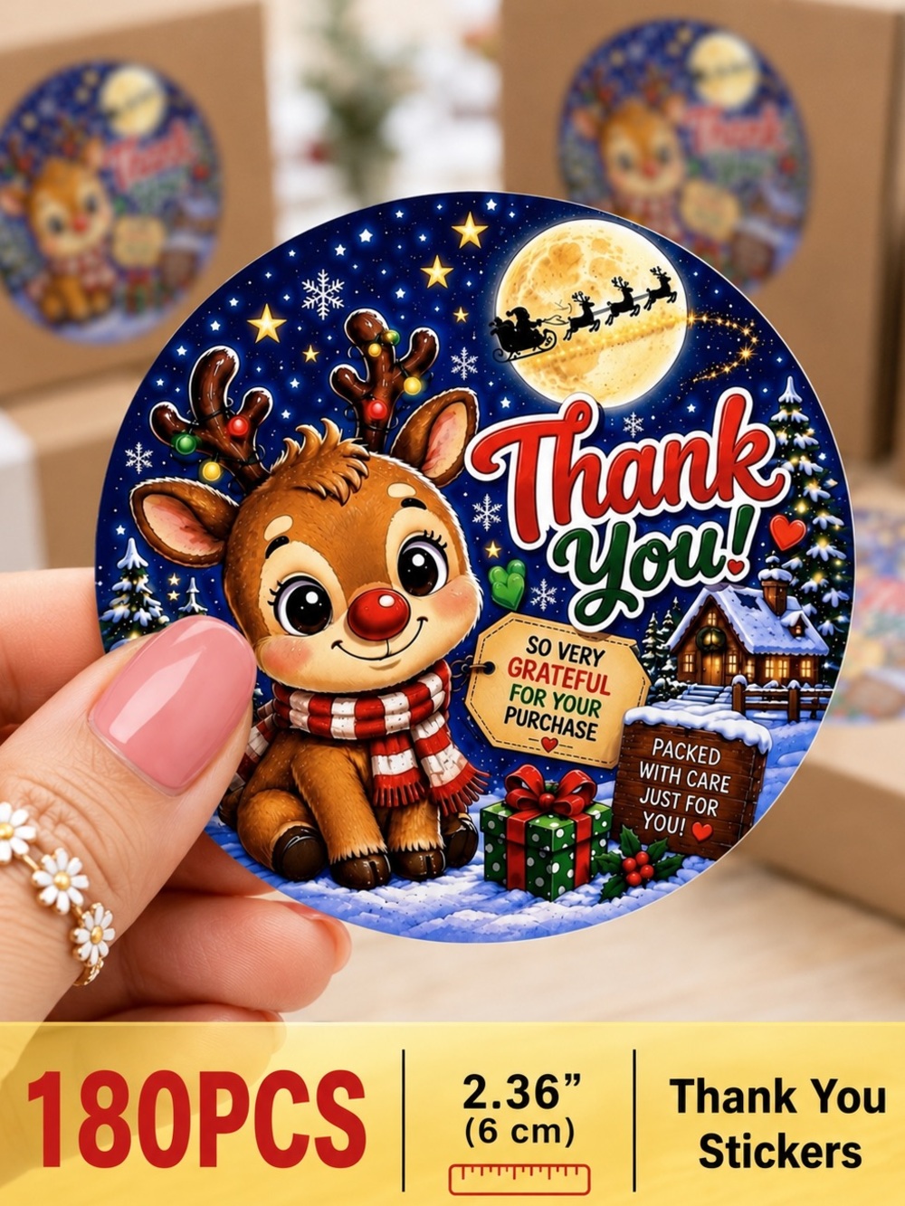 180PC 2.36” Thank You Stickers - Cute Reindeer Holiday Design